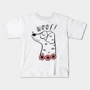Woof! Cute Puppy dog with floral collar Kids T-Shirt